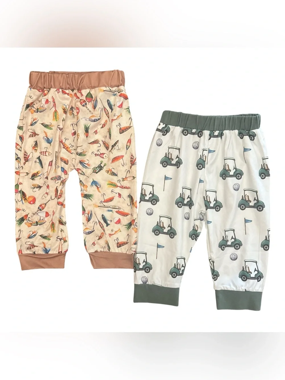 Kids Pajama Pant Set - Beige Fishing & White Golf Print Bundle NWOT Baby Boy Lot